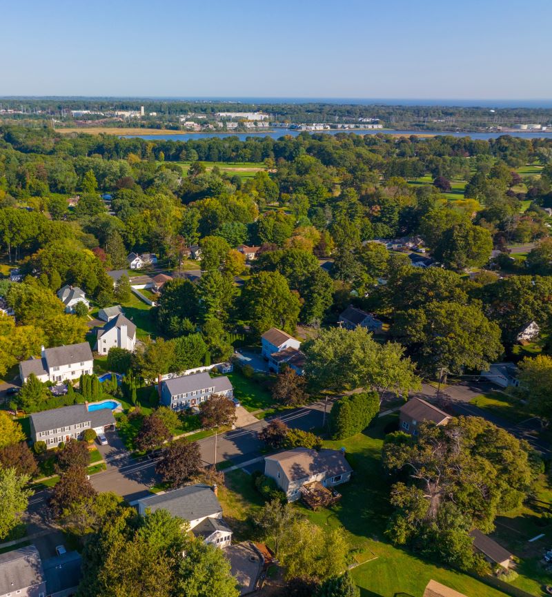 Historic residential houses aerial view in summer in town center of Stratford, Connecticut